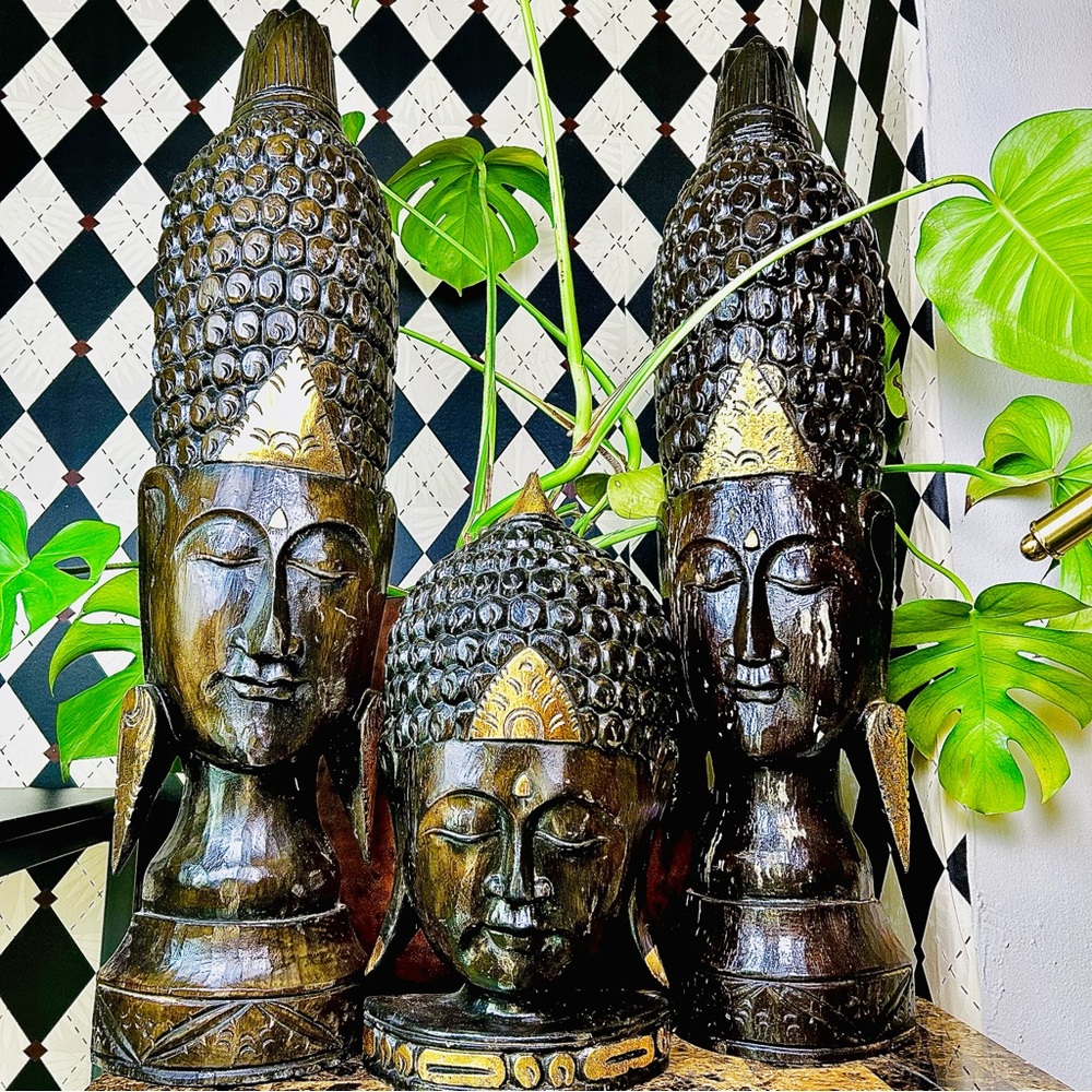 Monumental 30” Wood Buddha‎ Heads  Carved Set of 3 Mid Century Modern Rustic